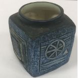 A Troika preserve pot of square form with impressed decoration signed "Troika" and initialled "JF"