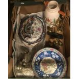 A box containing a Copeland Spode bowl decorated with prunus blossom, a jug with hunting scene,
