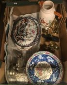 A box containing a Copeland Spode bowl decorated with prunus blossom, a jug with hunting scene,