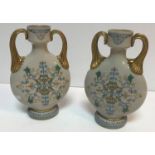 A pair of 19th Century Continental opaque twin handled glass vases with gilt and enamelled