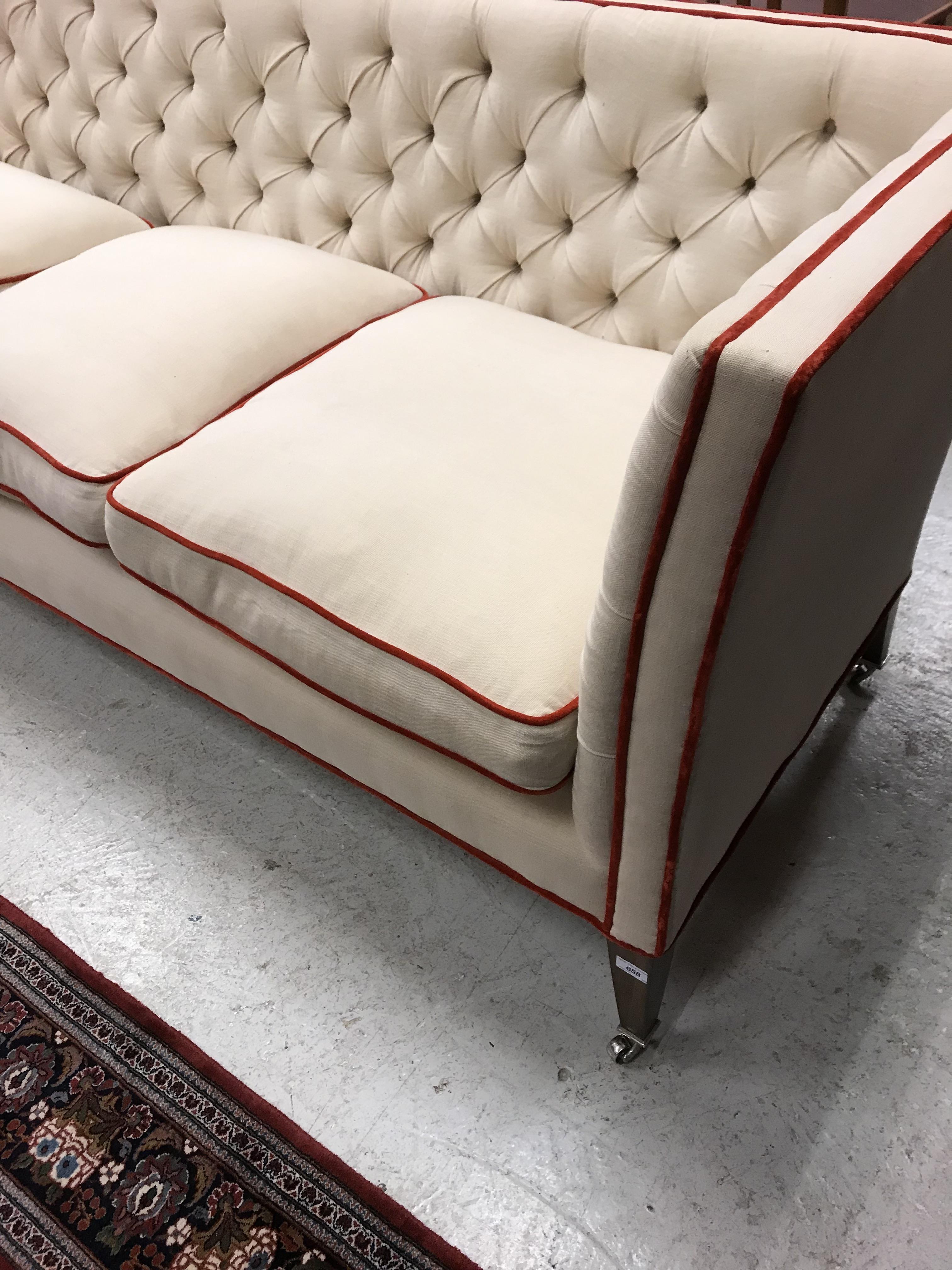 A Lawson Wood cream buttoned knowle style three seat sofa with scarlet velvet piping, - Image 15 of 26