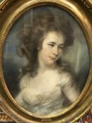 JOHN RUSSELL (1744-1806) “Lady in white, dress with blue sash” a portrait study half length, pastel,