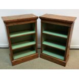 A pair of modern burr oak and cross banded open bookcases in the 19th Century style,