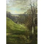 ENGLISH SCHOOL initialled WFS "Edgeworth Manor from the hill", oil on canvas, signed,