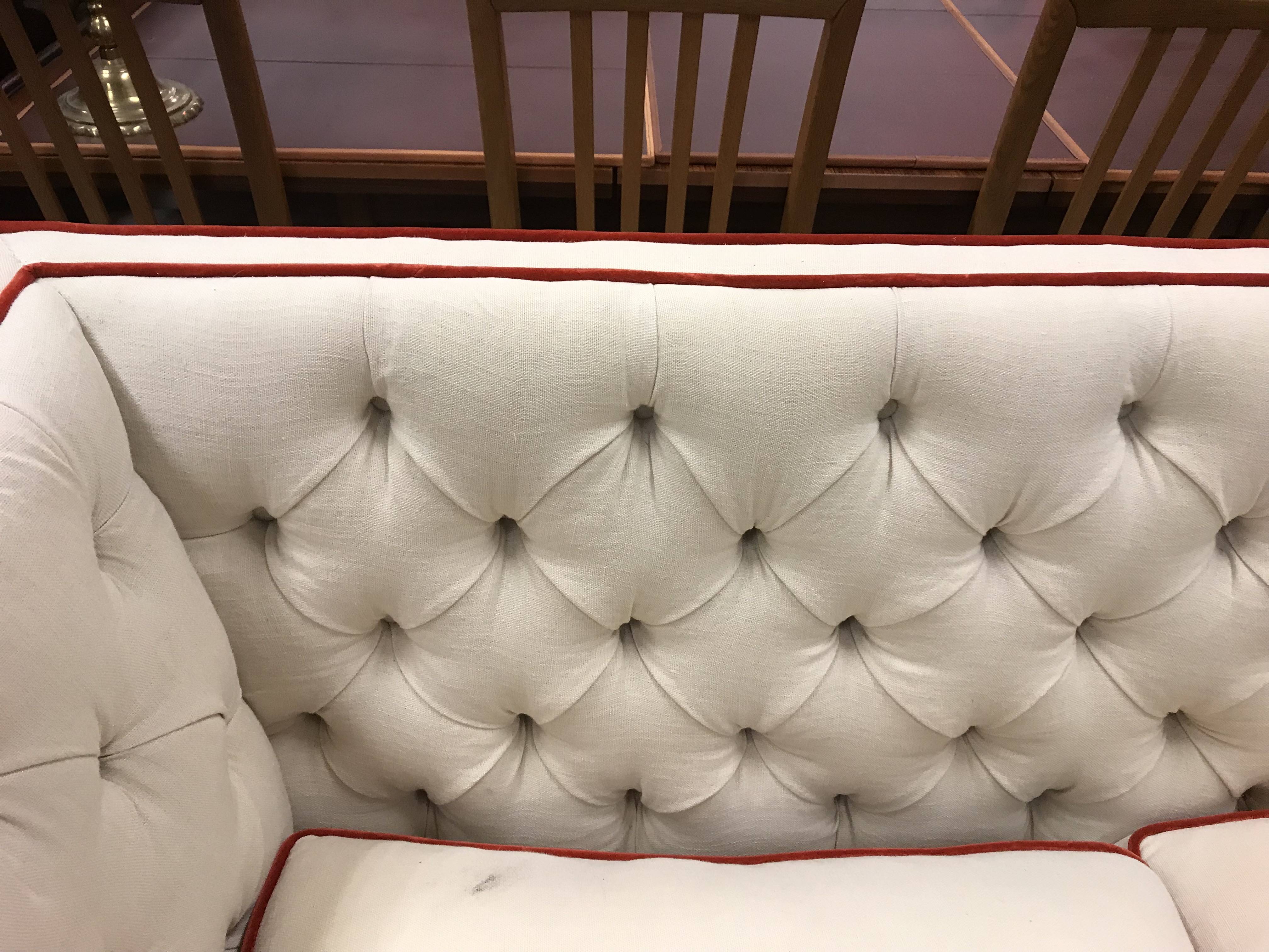 A Lawson Wood cream buttoned knowle style three seat sofa with scarlet velvet piping, - Image 6 of 26