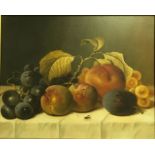 20TH CENTURY ENGLISH SCHOOL “Fruit on a cloth covered ledge with wasp in foreground”, oil on canvas,
