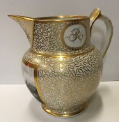 A Worcester Chamberlain jug with all over gilt decoration initialled "R" to the cartouches on the