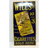 A vintage Wills's cigarettes sign depicting a packet of cigarettes on a blue and yellow ground 45.