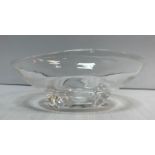 A Steuben glass oval shaped fruit bowl on foliate style supports,