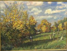 LLEWELYN PETLEY JONES (1908-1986) “Autumn landscape with figures”, study of an artist in a field,