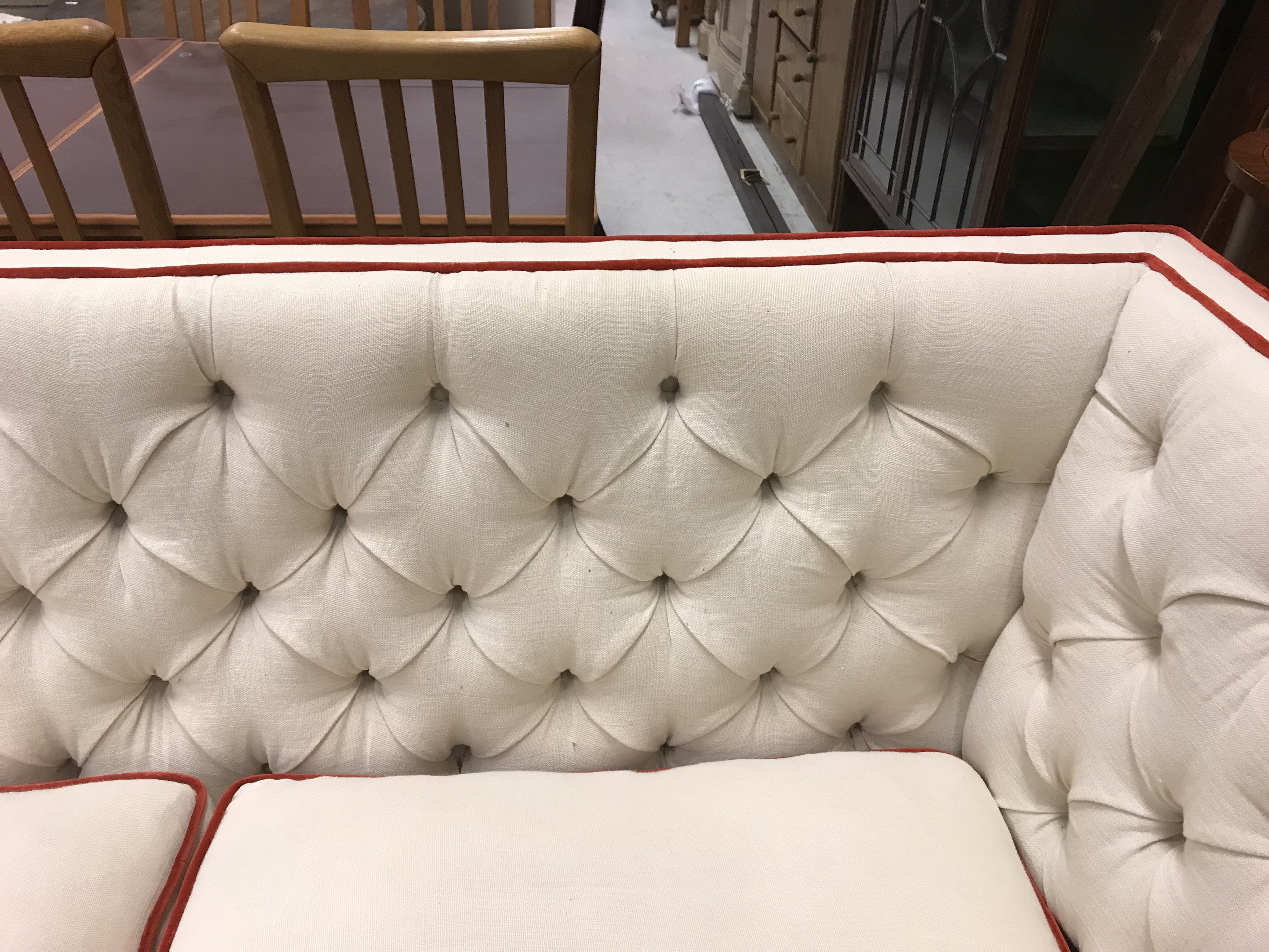 A Lawson Wood cream buttoned knowle style three seat sofa with scarlet velvet piping, - Image 11 of 26