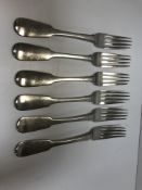 A set of six William IV silver “Fiddle” pattern forks engraved with fist holding wheatsheaf verso