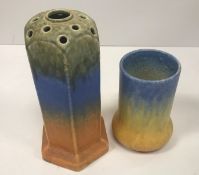 A Ruskin hexagonal vase of column form in orange blue and green colour way stamped "Ruskin 1930" to