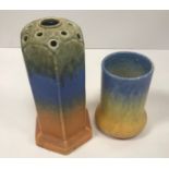 A Ruskin hexagonal vase of column form in orange blue and green colour way stamped "Ruskin 1930" to