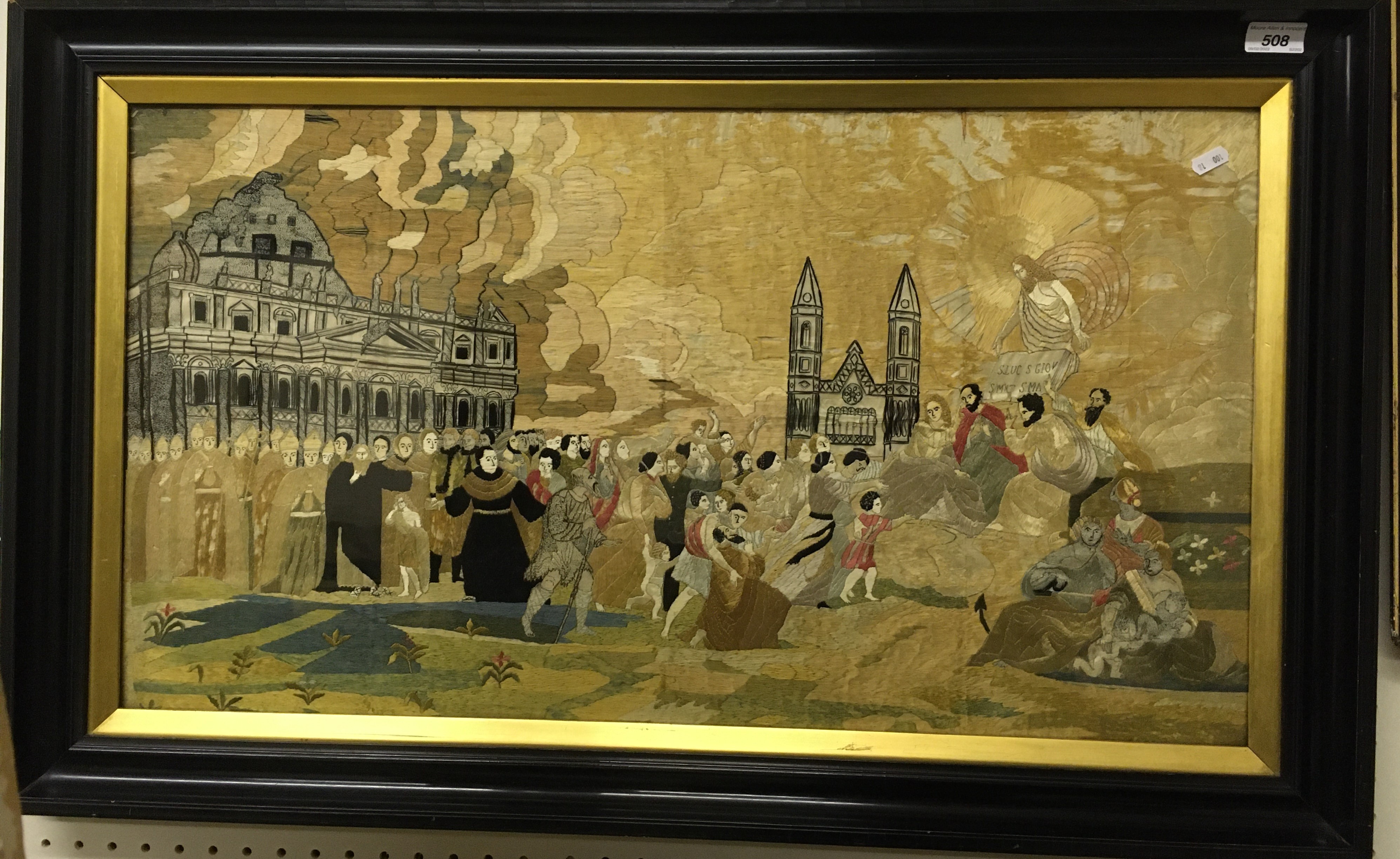 19TH CENTURY ENGLISH SCHOOL "Religious procession with angel and saints" long stitch silk - Image 2 of 2