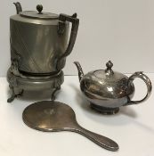 A box of various plated and pewter wares including two trays, salver, brass clockwork roasting jack,