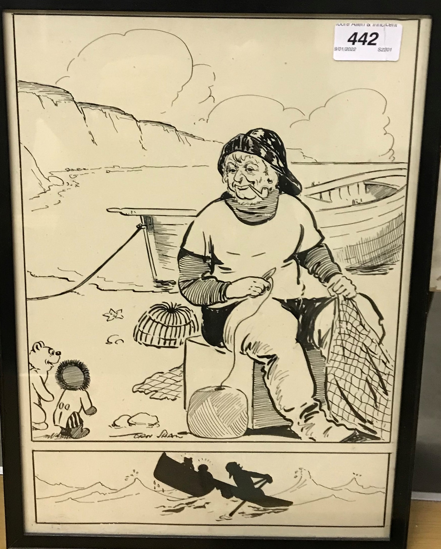 ERN SHAW "Golly and Teddy approaching a fisherman, mending nets", pen and ink, signed lower left,