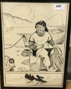 ERN SHAW "Golly and Teddy approaching a fisherman, mending nets", pen and ink, signed lower left,