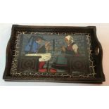 A Quimper wooden tray with porcelain centre decorated with a Breton couple in traditional costume