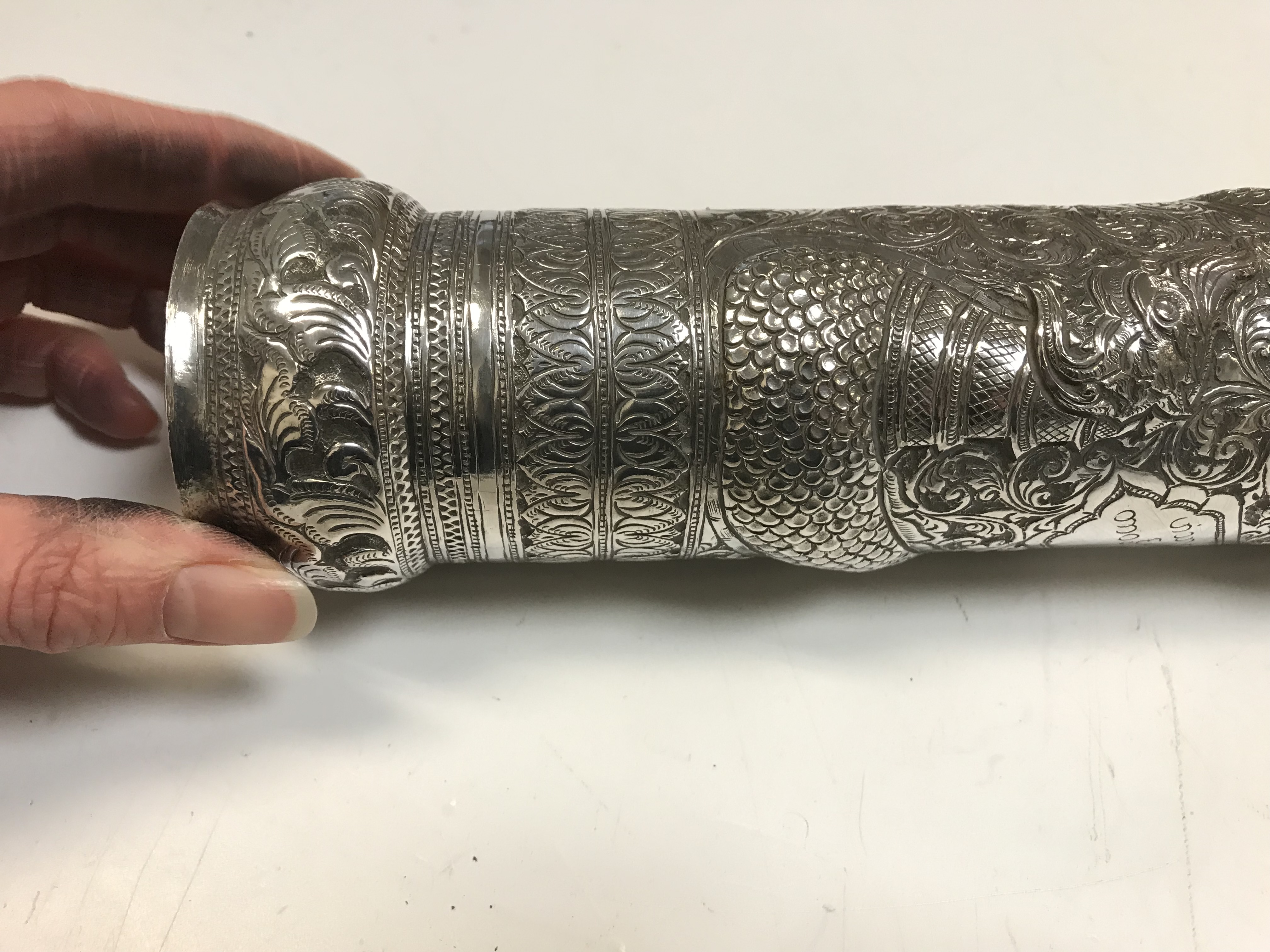 A Burmese silver document or manuscript holder with foliate and relief work serpent decoration and - Image 11 of 21