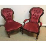 A pair of Victorian ladies and gents walnut framed salon chairs with button backs on cabriole front