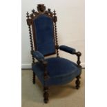 A circa 1900 Continental oak throne type hall chair,