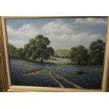 MARY HARRIS "Wooded landscape with blue flowers", oil on canvas, signed and dated 1987 lower left,