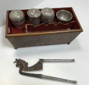 A Peranakan / Chinese silver five-piece Sireh set comprising betelnut cutter as Garuda together