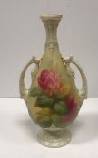 A Royal Worcester "Hooley" ware rose painted two handled vase on circular foot in the manner of