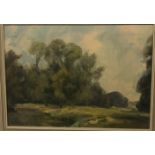 ROBERT T MUMFORD "Tree lined landscape", oil on board, signed and dated indistictlly lower left,