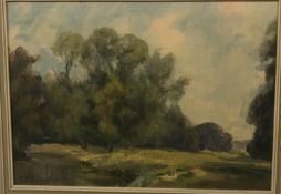 ROBERT T MUMFORD "Tree lined landscape", oil on board, signed and dated indistictlly lower left,