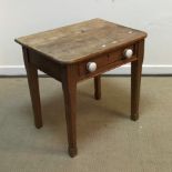 A Victorian pitch pine and elm single drawer side table on square tapered chamfered supports,