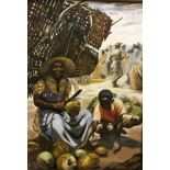 20TH CENTURY GUYANAN SCHOOL “Coconut sellers”, oil on canvas, unsigned,