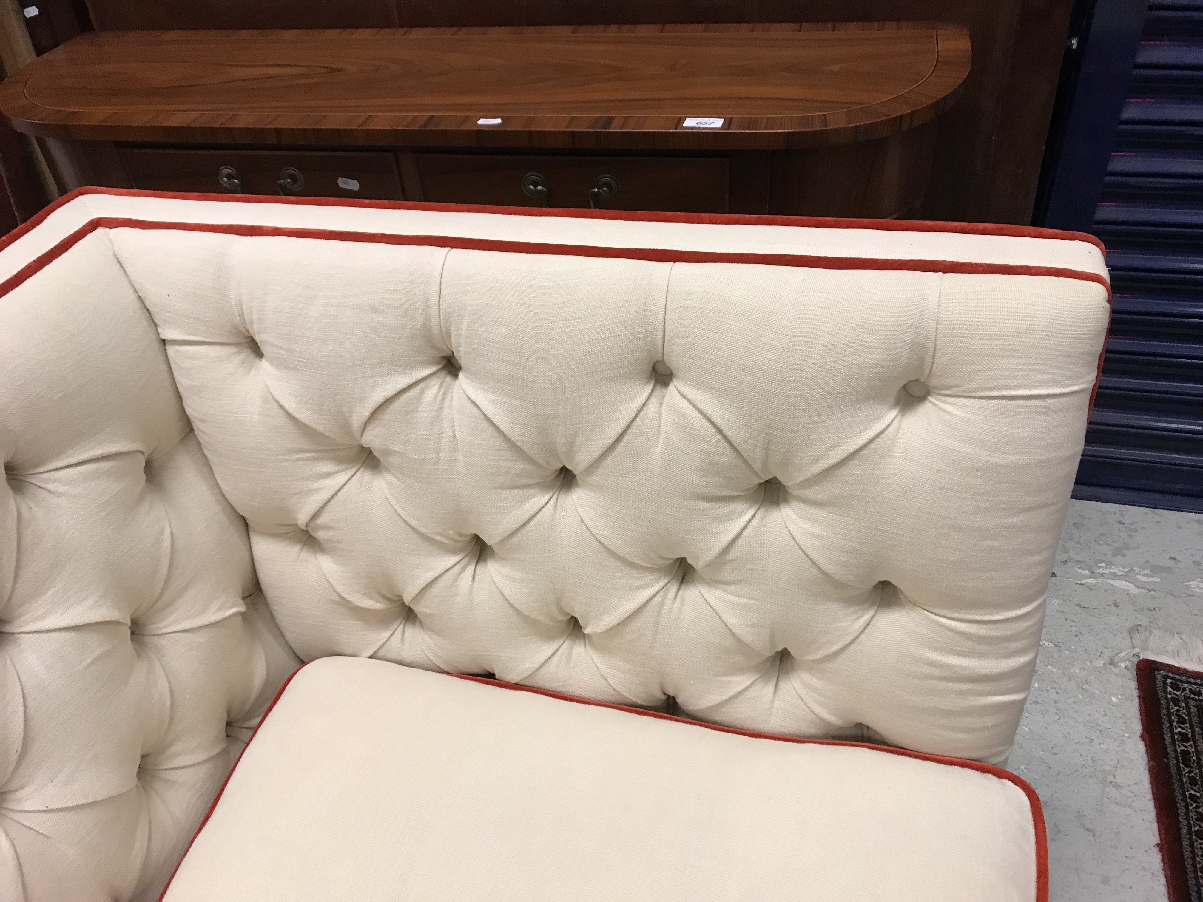 A Lawson Wood cream buttoned knowle style three seat sofa with scarlet velvet piping, - Image 13 of 26