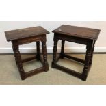 Two modern joined oak stools in the 17th Century style, 46.5 cm x 31.