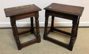 Two modern joined oak stools in the 17th Century style, 46.5 cm x 31.