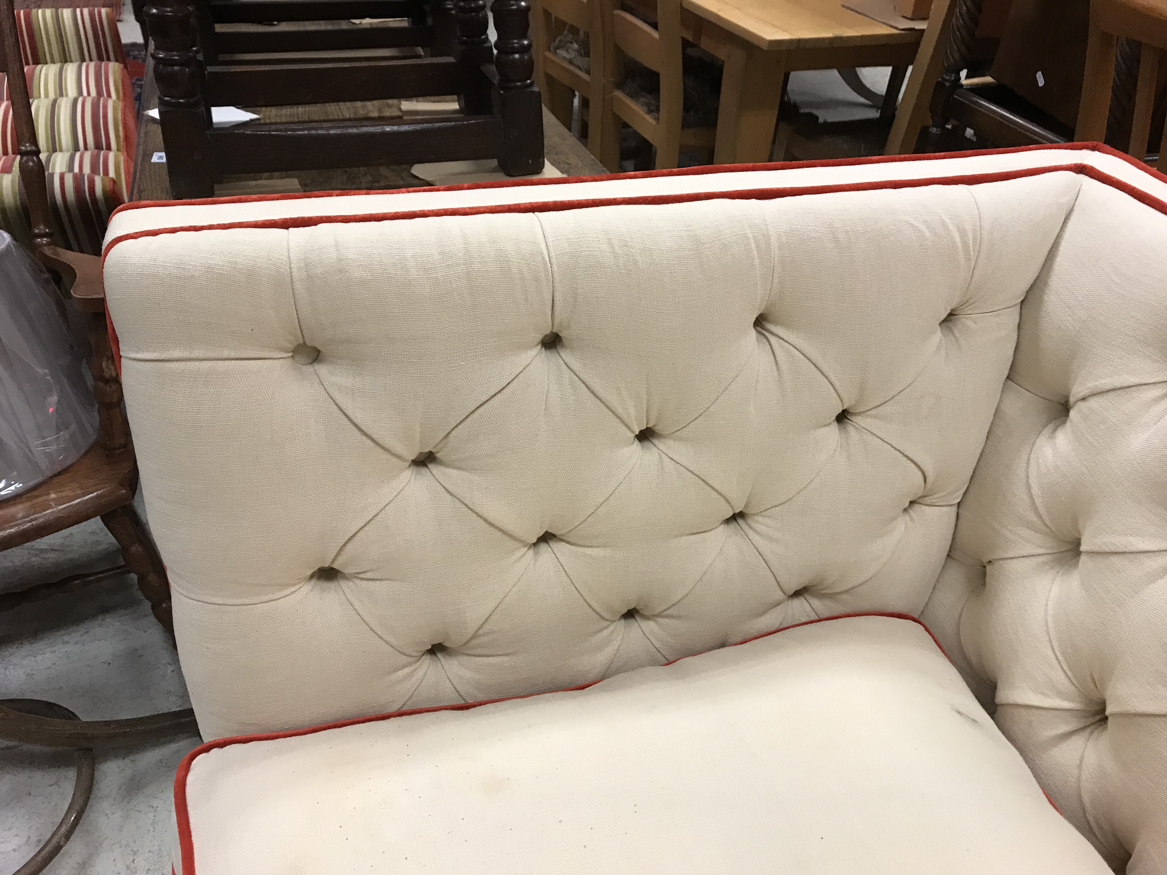 A Lawson Wood cream buttoned knowle style three seat sofa with scarlet velvet piping, - Image 2 of 26