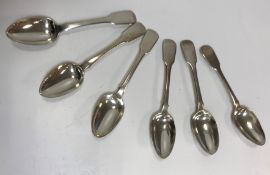 A set of six late George III "Fiddle" pattern silver dessert spoons (by William Eley and William