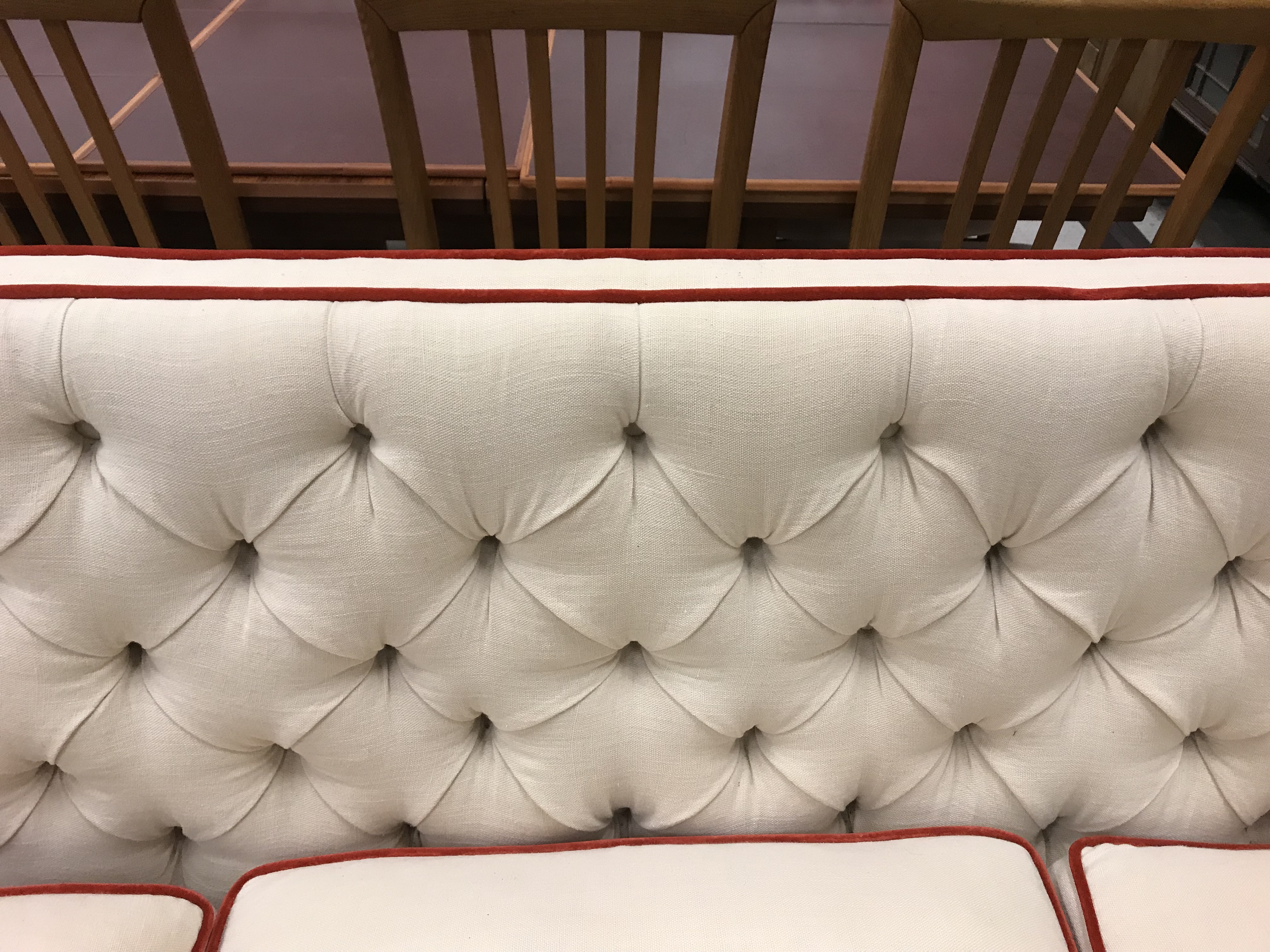 A Lawson Wood cream buttoned knowle style three seat sofa with scarlet velvet piping, - Image 8 of 26