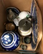 Two boxes of assorted china and glass to include a Satsuma censer and cloisonne three piece set