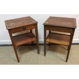 A pair of mahogany and inlaid Sheraton style bedside tables with single drawers,