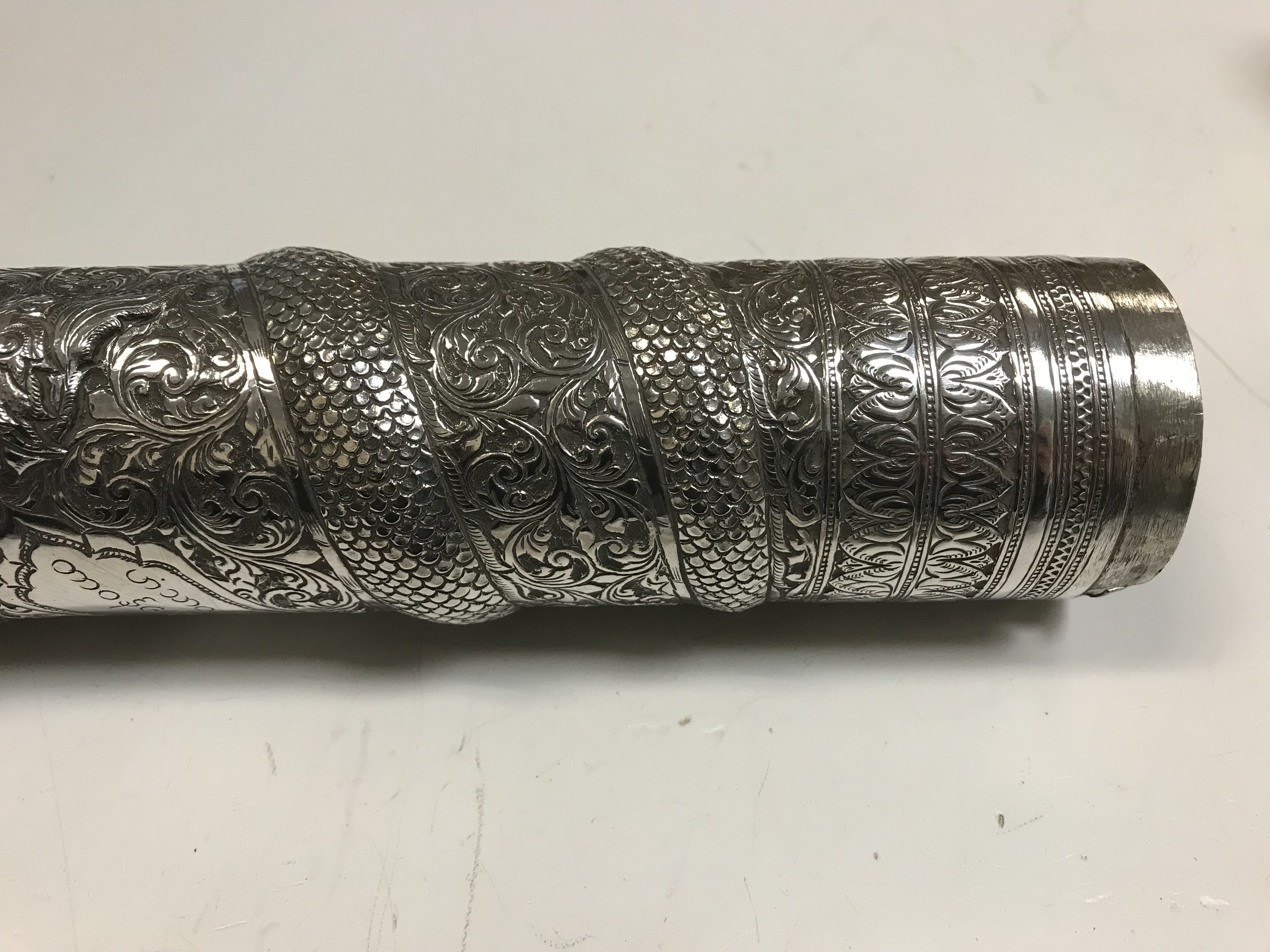 A Burmese silver document or manuscript holder with foliate and relief work serpent decoration and - Image 10 of 21