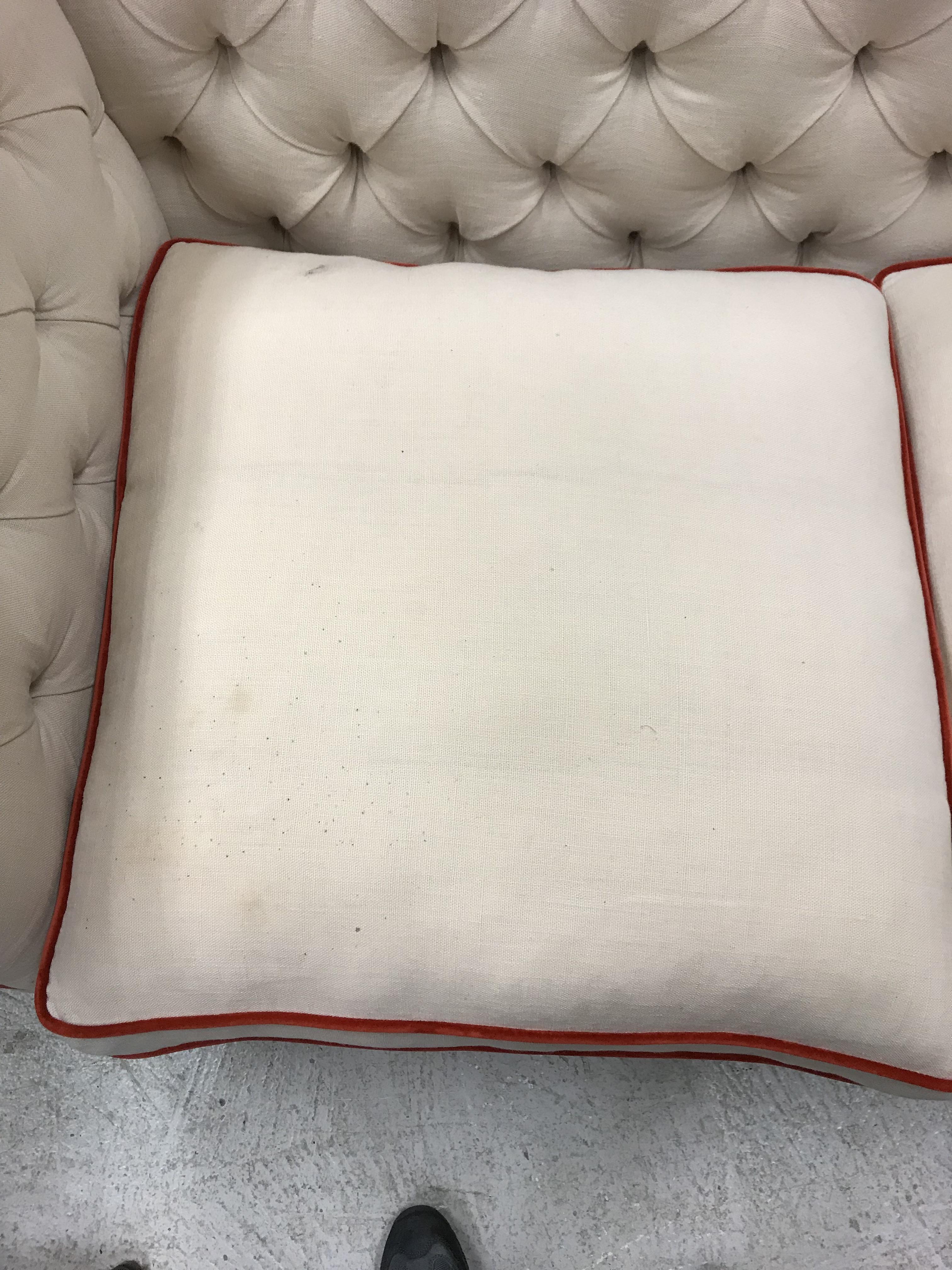 A Lawson Wood cream buttoned knowle style three seat sofa with scarlet velvet piping, - Image 5 of 26