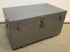 A silver painted tin trunk with central lock and double hasp and staple flanked by carrying handles,