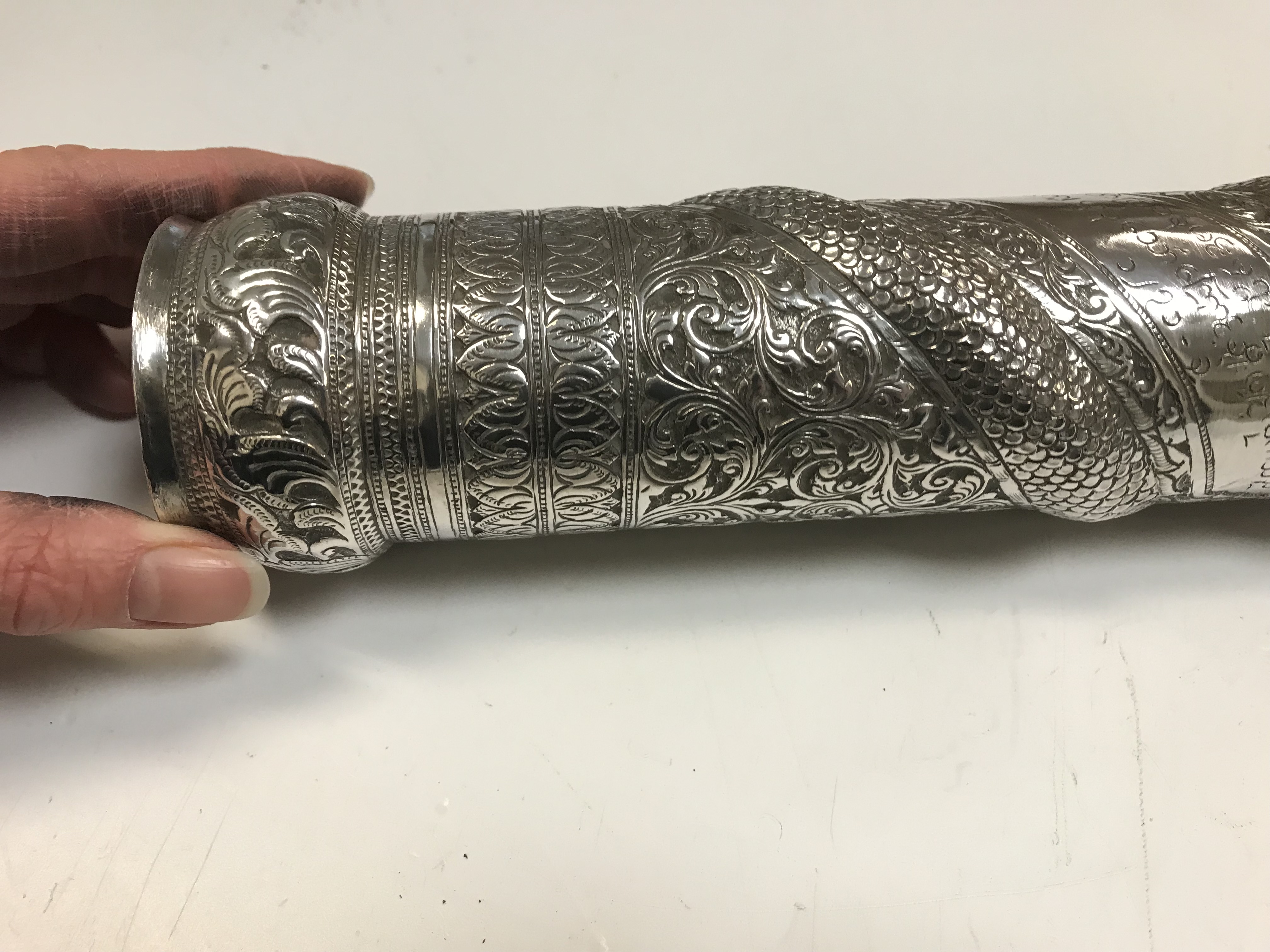 A Burmese silver document or manuscript holder with foliate and relief work serpent decoration and - Image 13 of 21