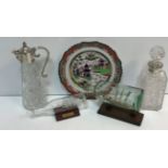 Two various model ships in bottles, a moulded glass claret jug with plated mounts,