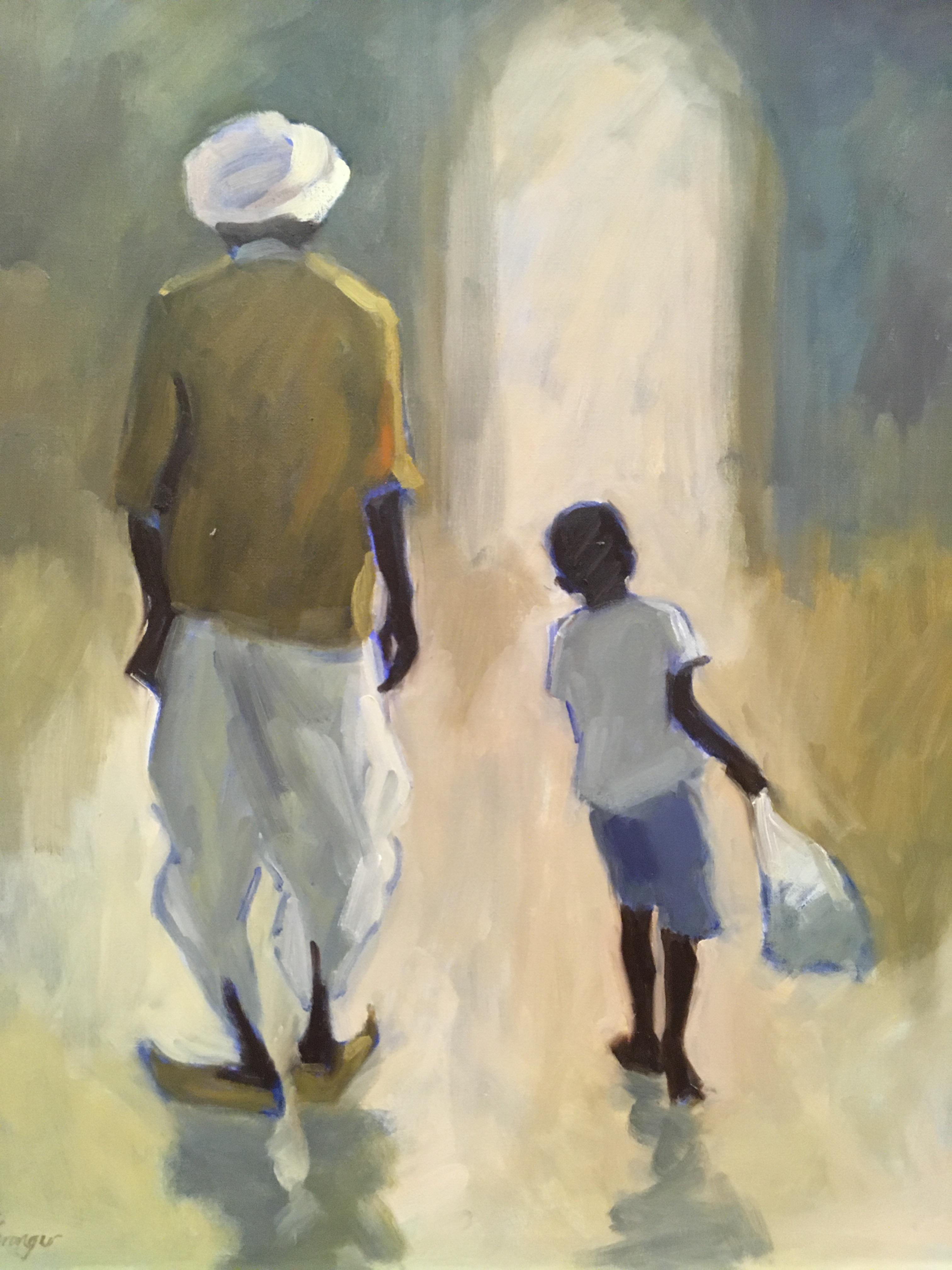 CLARE GRANGER "Buying provisions (India)" study of man and boy with bag, oil on canvas, - Image 2 of 2
