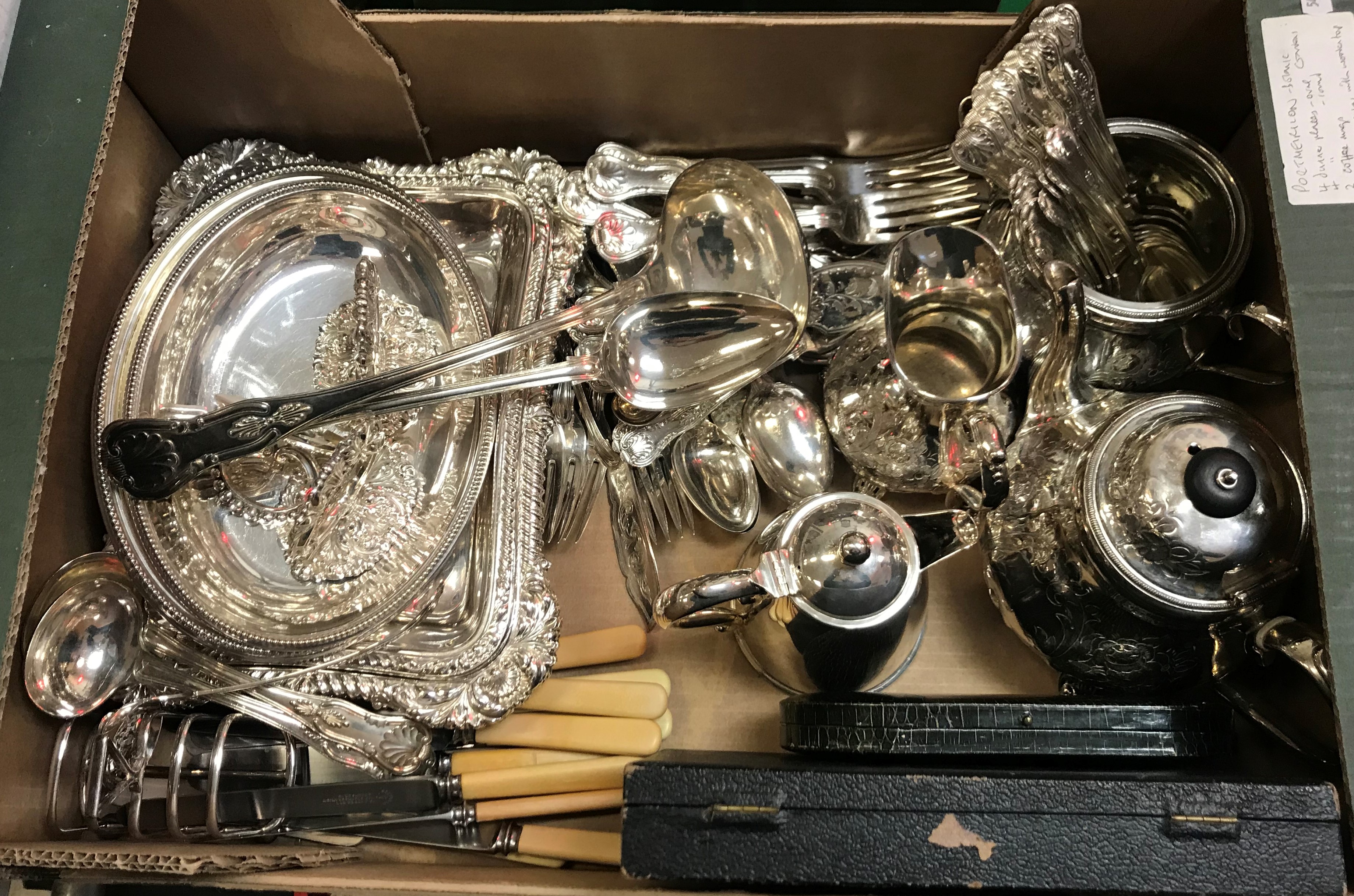 A box containing a large quantity of silver plated kings pattern flat ware together with a three