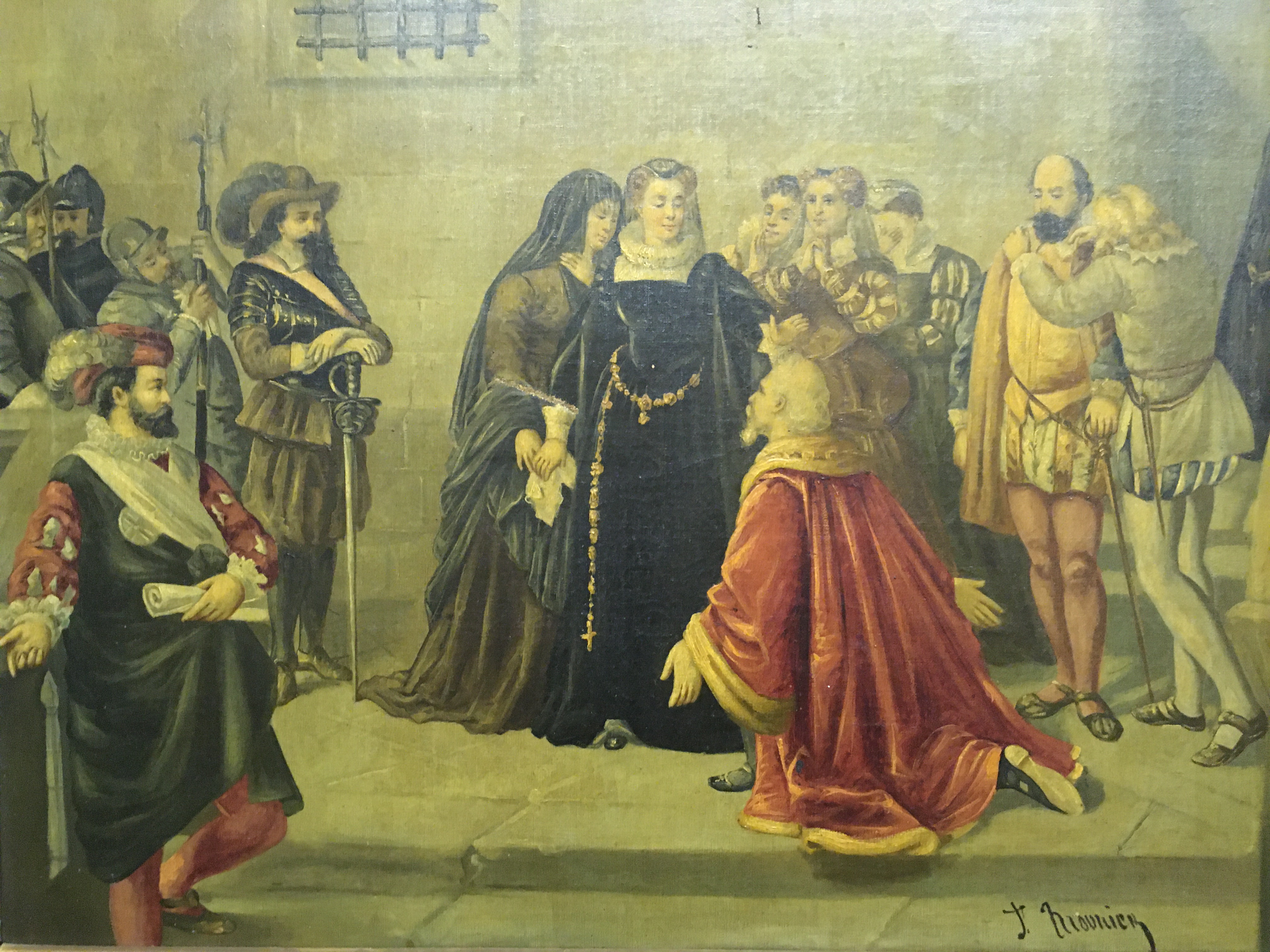 J MOUNIER "Mary Queen of Scots and attendants in a courtyard", oil on canvas, signed lower right, - Image 2 of 3