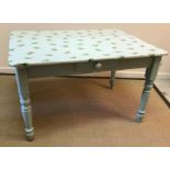 A grey veined white marble top kitchen table on painted Victorian style base with carved baluster